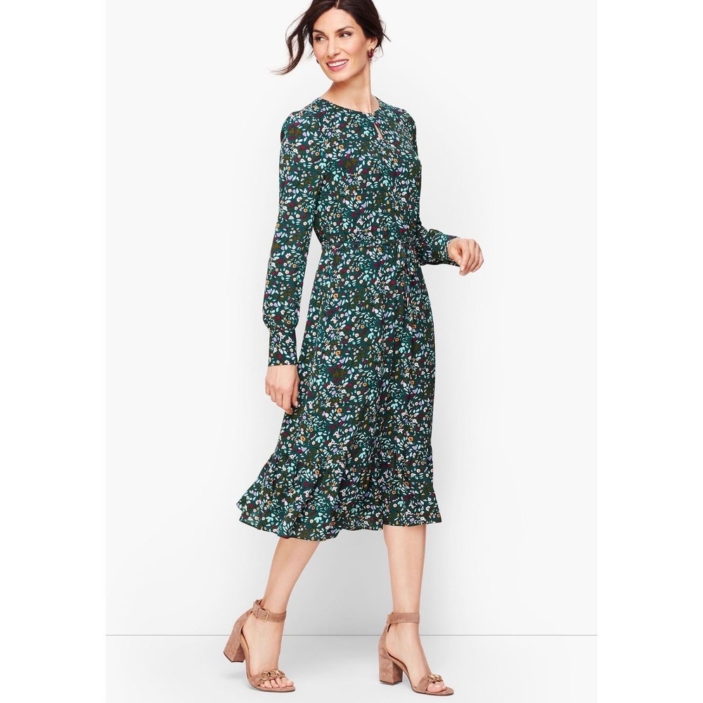 Talbots Women's Teal Floral Flounce Hem Midi Dress Long Sleeve Drawstring Size 2